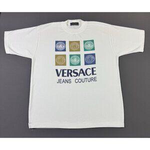 Rare Vintage 90s Versace Jeans Couture Logo Art White Shirt Designer Luxury 2XL